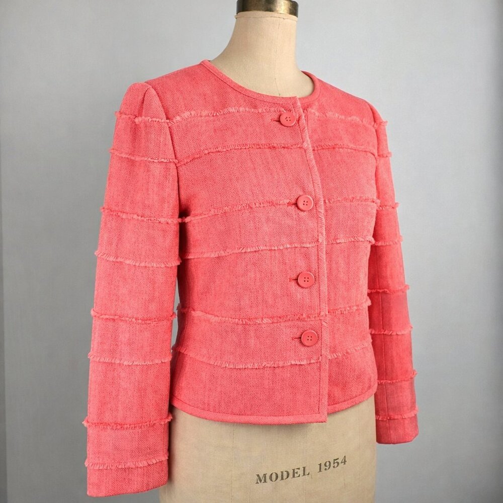 J.Crew Coral Fringe-Trim Cropped Jacket Size 10 Raw Edge Tiered Statement Blazer - Picture 3 of 13